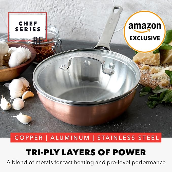 GreenPan x Bobby Flay 2QT Copper Clad Chef’s Pan with Lid Induction Ready Sauce Pot Measurement Markings Stainless Steel Base &amp Interior Oven Safe Saucepan to 500˚F
