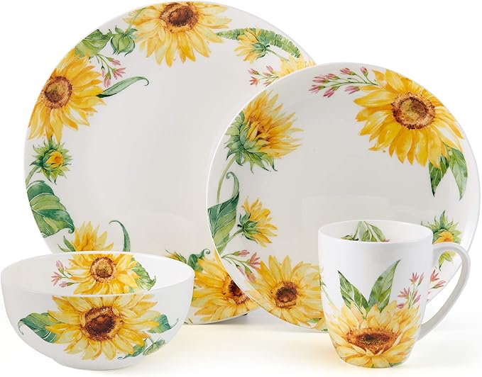 Mikasa Sunflower Bone China Lightweight Chip Resistant 16 Piece Dinnerware Set Service for 4 Multicolor