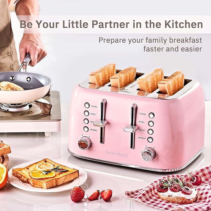 Roter Mond Toaster 4 Slice Retro Stainless Steel with Extra Wide Slots Bagel Defrost Reheat Function Dual Independent Control Panel Removable Crumb Tray 6 Browning Levels Pink