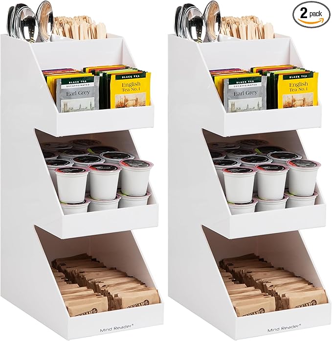 Mind Reader Coffee Tea Utensil and Condiment Station Countertop Organizer Coffee Bar Kitchen 6 L x 9 W x 16 H White (Pack of 2)