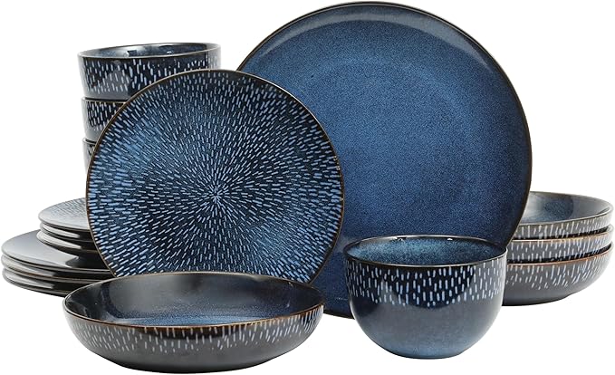 Gibson Elite Matisse 16-Piece Dinnerware Set – Double Bowl Reactive Glaze Cereamic Stoneware in Blue – Plates and Bowls Sets for 4 Microwave &amp Dishwasher Safe Rustic Modern Design