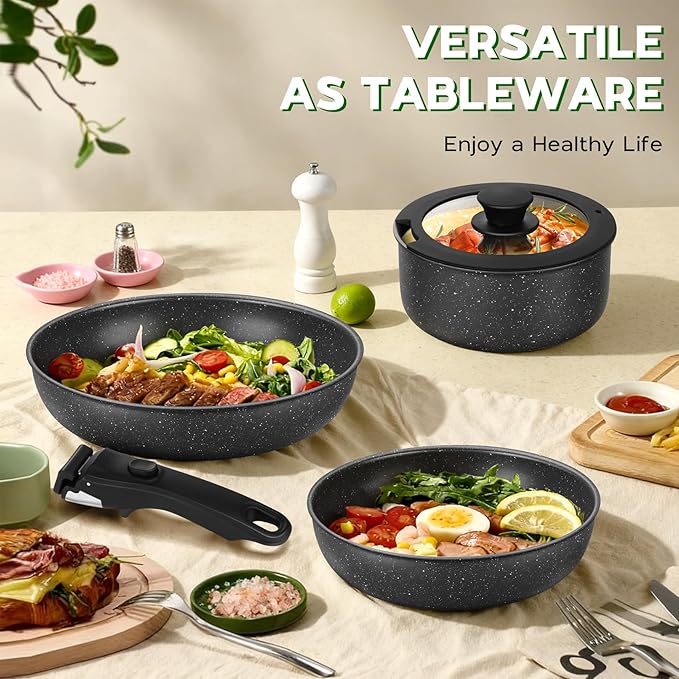 Walchoice 5Pcs Pots and Pans Set Granite Nonstick Cookware Set with Detachable Handle Stackable Kitchen Cooking Set with Saucepan Frying Pans Induction Compatible &amp Oven Safe - Black