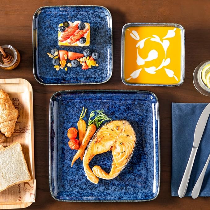 vancasso Stern Blue Dinner Set Square Reactive Glaze Tableware 12 Pieces Kitchen Dinnerware Stoneware Crockery Set with Dinner Plate Dessert Plate Bowl Service for 4