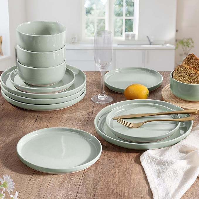 HaWare Stoneware Dinnerware Sets 12-Piece Plates and Bowls Set for 4 Dishes Set for Home Restaurant Speckled Asparagus Green