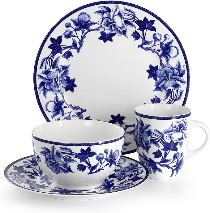 Elama Cattleya Orchid Design 16 Piece Round Porcelain Dinnerware Set in Blue and White Tableware Set Service for 4