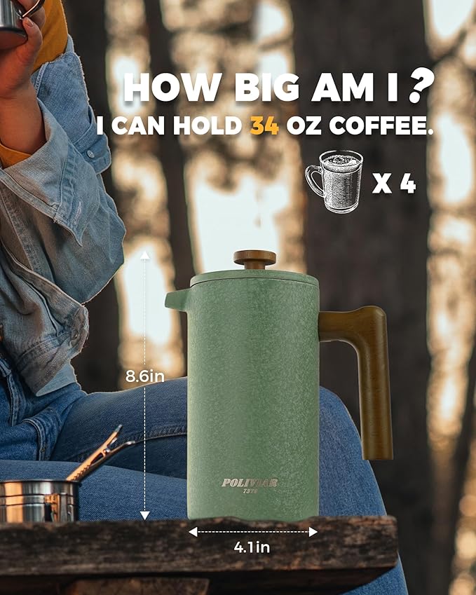 POLIVIAR French Press Coffee Maker 34 oz Coffee Press with Real Wood Handle Double Wall Insulation &amp Dual-Filter Screen Food Grade Stainless Steel for Good Coffee and Tea JX2023-FPLN