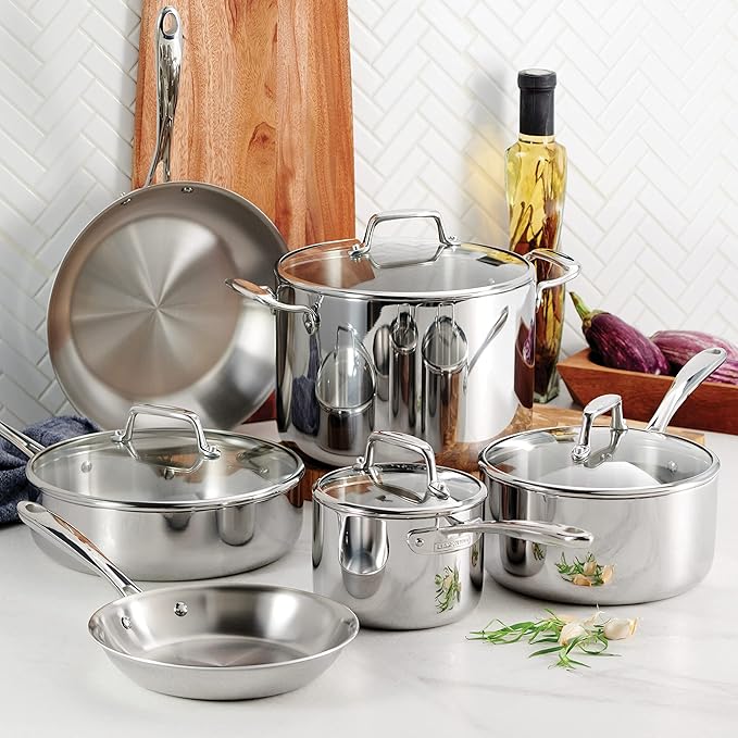 Tramontina Tri-Ply Clad Stainless Steel 10-Piece Cookware Set with Glass Lids Pots and Pans Kitchen Set Induction-Ready Dishwasher-Safe NSF-Certified