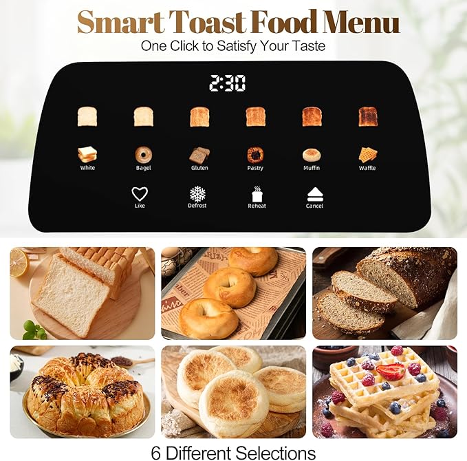 4 Slice Toaster with Touch Screen Control 1.5 Wide Long Slots 6 Browning Levels &amp 6 Bread Types Digital Timer Memory Defrost Reheat (BLACK)