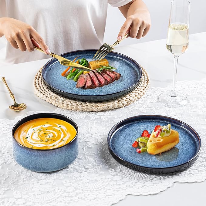 LERATIO Ceramic Dinnerware Sets for 4Round Reactive Glaze Ceramic Plates and Bowls SetHighly Chip and Crack Resistant | Dishwasher &amp Microwave Safe Dishes SetService for 4 (12pc)-Blue