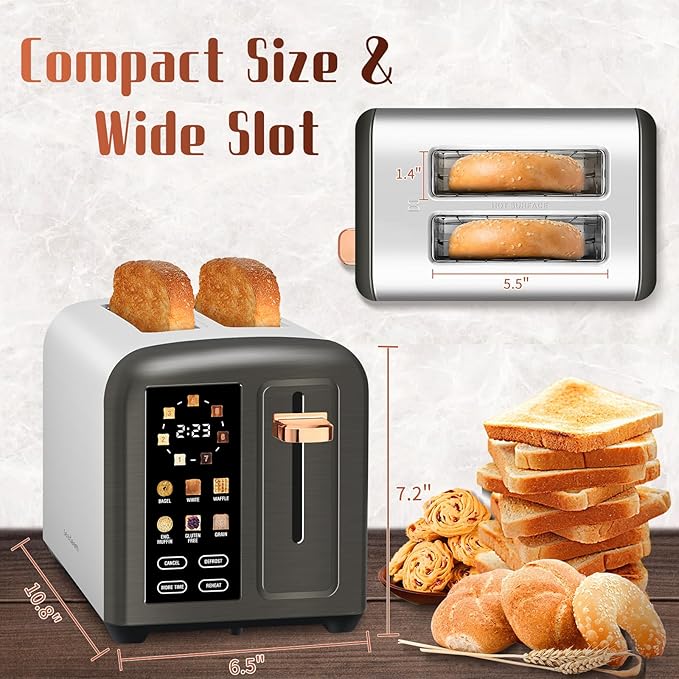 SEEDEEM Toaster 2 Slice with Touch Screen Faster Heating Speed 7 Shade Setting 6 Bread Type 1.5”Wide Slots Toaster Removable Crumb Tray 1350W Dark Metallic