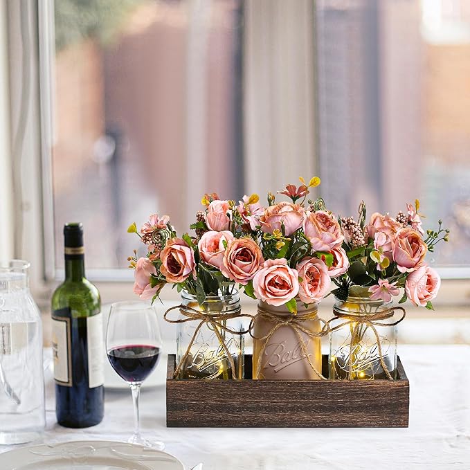 3 Pcs Mason Jar Centerpiece Table Decorations for Dining Table Decor Farmhouse Coffee Table Decor with Wood Tray and Led Light Table Centerpieces for Dining Room Kitchen Living BathroomPink