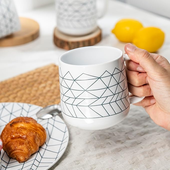 BZYOO 12 Piece Ceramic Dinnerware Set Serive for 4 Porcelain Plates and Bowls for Dining Pearl White + Ceramics 14oz Coffee Mug Set of 6