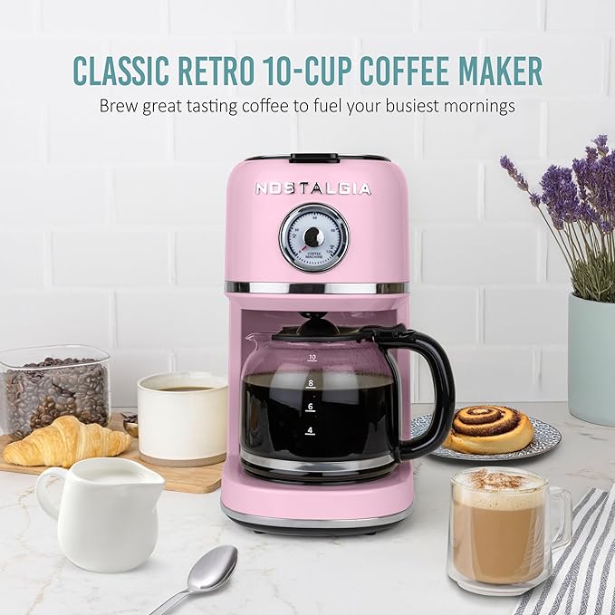 Nostalgia Classic Retro 10 Cup Coffee Maker - One-Touch Drip Brew Reusable Filter - Anti-Drip Auto Shutoff &amp Time Display - Dishwasher Safe 50 oz Carafe - Pink
