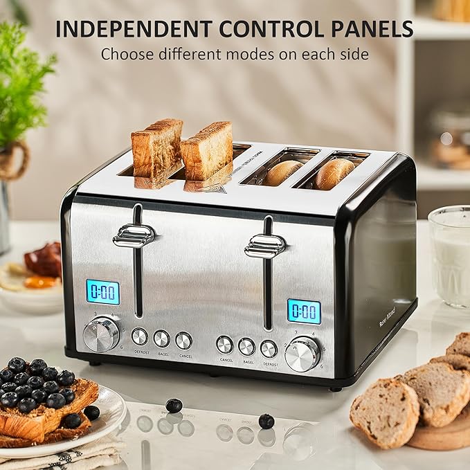 Roter Mond Countdown Stainless Steel 4 Slice Toaster with Bagel Defrost Cancel Function Dual Toaster Extra Wide Slots 6 Shade Settings Removable Crumb Trays 1650W Black