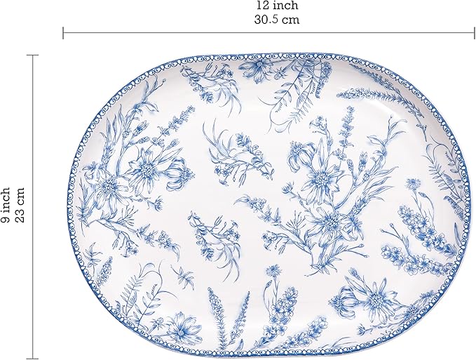 Bico Blue Garden Toile De Jouy 16 plus 12 inch Oval Platters Set Set of 2 Microwave and Dishwasher Safe for Serving Fish Chicken Turkey