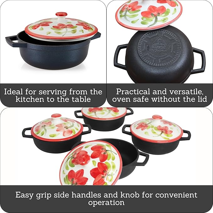IMUSA 0.5qt Carmen de Viboral Cast Aluminum Nonstick Caldero 8pc Set with Floral Ceramic Lids (Drop Ship) Black - 14cm