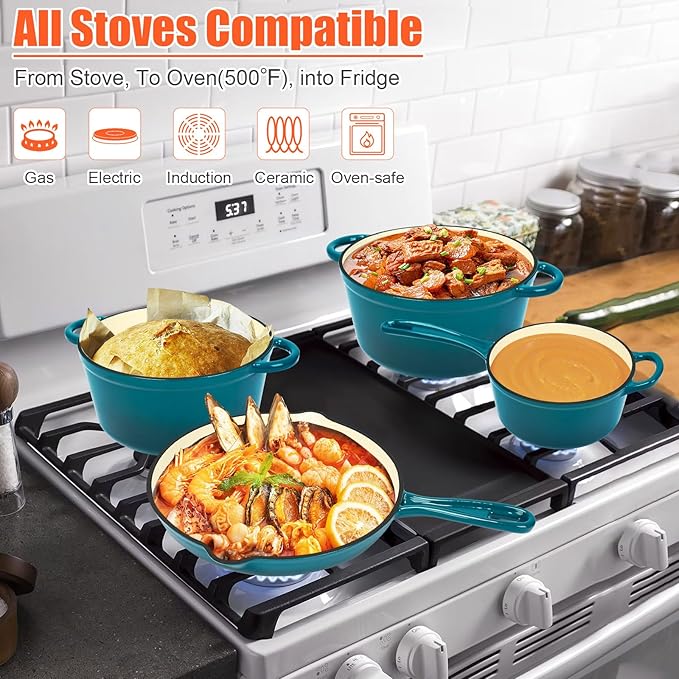 QuliMetal Nonstick Enameled Cast Iron Cookware Set 7Pcs Pots and Pans with Lid Frying Pan Skillet Saucepan Healthy Dutch Oven for Sourdough Bread Baking Oven Safe up to 500° F or on All Stovetop