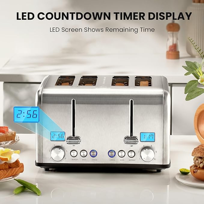 Roter Mond Countdown Stainless Steel 4 Slice Toaster with Bagel Defrost Cancel Function Dual Toaster Extra Wide Slots 6 Shade Settings Removable Crumb Trays 1650W