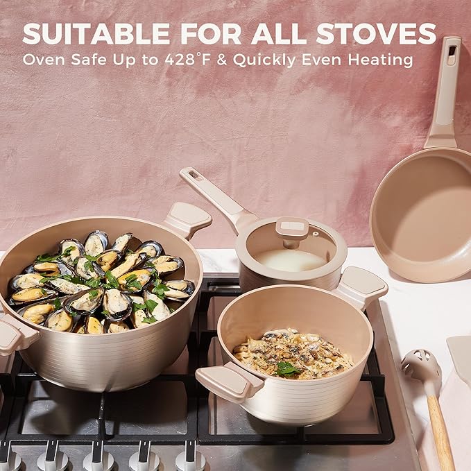 HONGBAKE 26 Pcs Pots and Pans Set Non Stick Non Toxic Ceramic Cooking Set With 10 Silicone Utensils Kitchen Induction Cookware &amp Bakeware Sets with Diamond Texture Pattern PFOA Free Gold