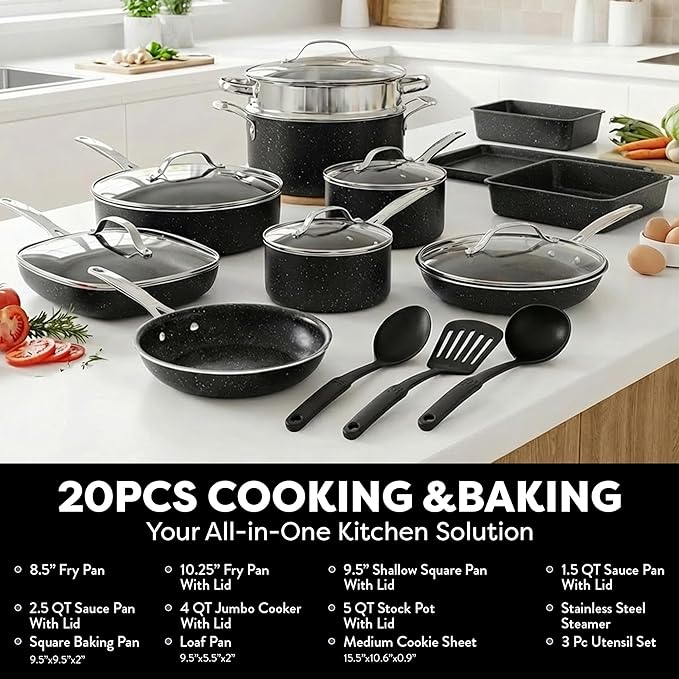 GRANITESTONE 20 Pc Complete Pots and Pans Set Non Stick Cookware Set with Saute Pan Bakeware Steamer Cooking Utensils Made Without PFOA PFOS Oven and Dishwasher Safe