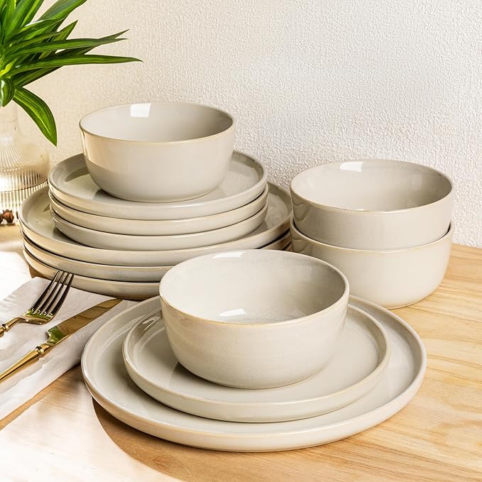 AmorArc Stoneware Dinnerware Sets for 4Round Reactive Glaze Ceramic Plates and Bowls SetHighly Scrath Resistant | Dishwasher &amp Microwave Safe Dishes SetService for 4 (12pc)