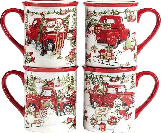 Red Truck Snowman 16pc Ceramic Dinnerware Set Service for 4 – Bring holiday cheer to every meal with festive red trucks snowmen and trees perfect for holiday gatherings and winter entertaining