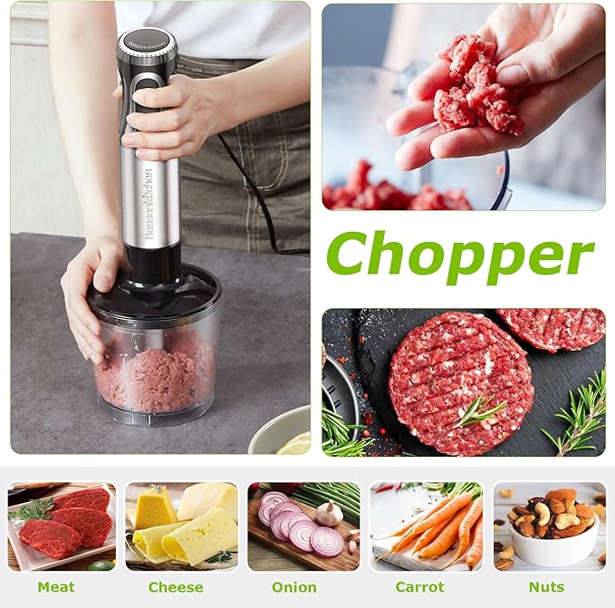 Bonsenkitchen Immersion Blender Handheld with Food Processor 20 Speeds Hand Blender with Turbo Mode Stainless Steel Blade Egg Whisk Beaker &amp Chopper Bowl Hand Mixer for Smoothie Soup Baby F