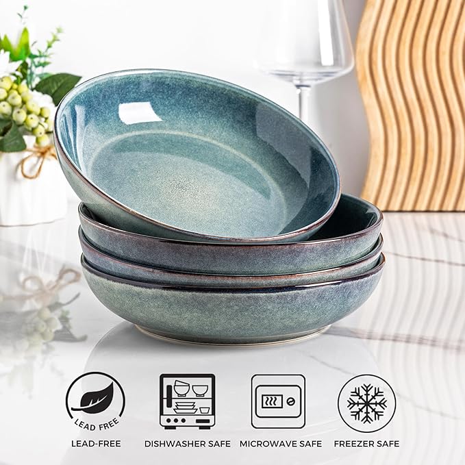 AmorArc Ceramic Dinnerware Sets with Pasta Bowl Handmade Reactive Glaze Plates and Bowls SetsHighly Chip and Crack Resistant | Dishwasher &amp Microwave Safe Dishes Set Service for 4 (16pc)