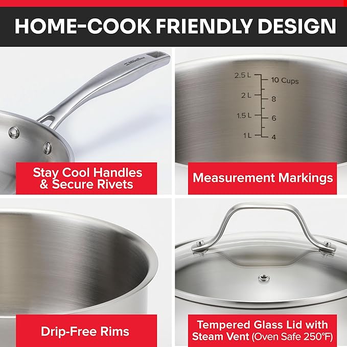 Mueller 17-Piece Stainless Steel Pots and Pans Set – Tri-Ply Ultra-Clad Pro Cookware Set Induction Ready Oven Safe Even-Heat Aluminum Core Includes Skillets Saucepans Dutch Oven Stockpot