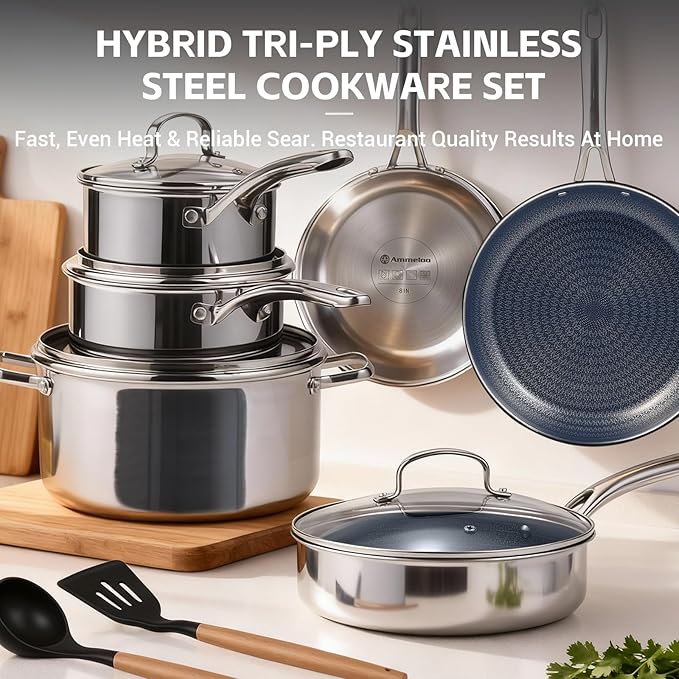 Ammeloo Hybrid Stainless Steel Cookware Set 17-Piece Tri-Ply Pots and Pans Set Non Stick Induction Kitchen Cookware Sets Dishwasher &amp Oven Safe PFOA Free All Cooktops Compatible Navy Blue