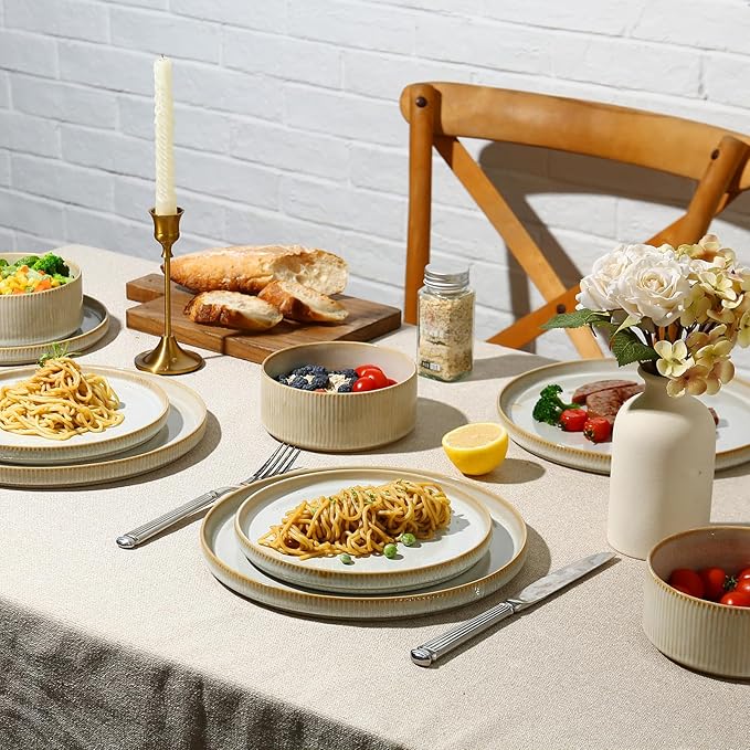 MONITO Ceramic Dinnerware Sets for 6 18PCS Stoneware Plates and Bowls Sets Reactive Glaze Dish Set Chip and Scratch Resistant Double Microwave and Dishwasher Safe Beige