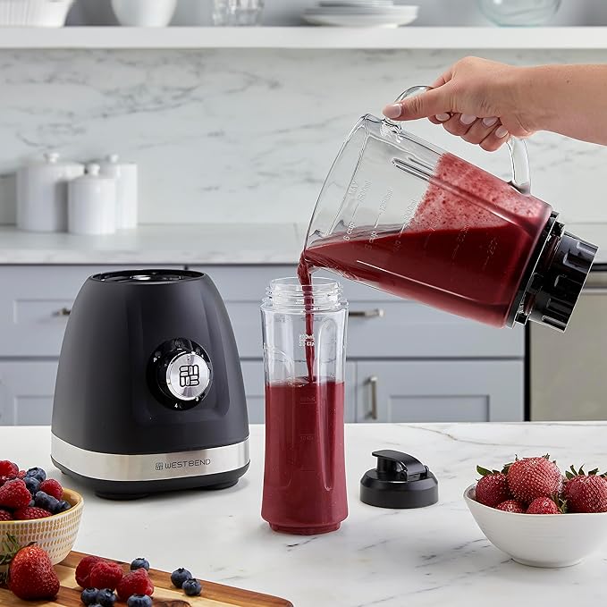 West Bend Blender with 48-Ounce Blending Jar and 20-Ounce Travel Cup Compact Design with Dial Control 700-Watts Black