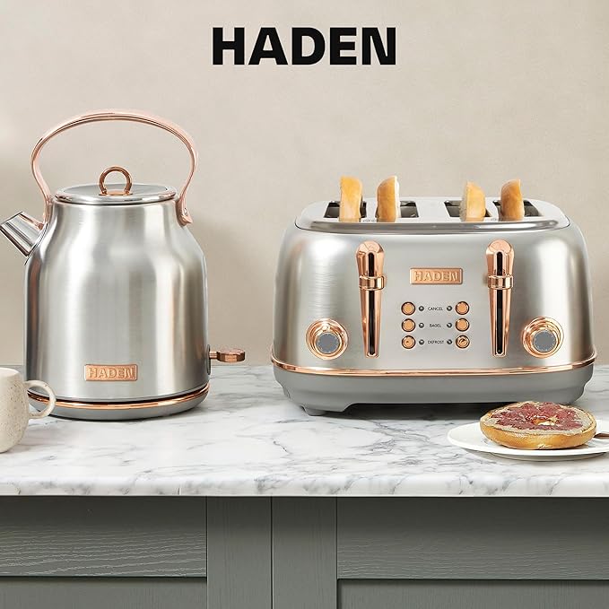 Haden Heritage 4 Slice Wide Slot Stainless Steel Toaster Bundled with 1.7 Liter Stainless Steel Electric Water Kettle Steel &amp Copper