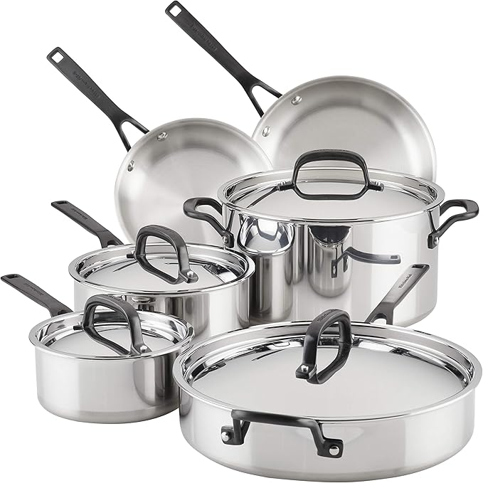 KitchenAid 5-Ply Clad Polished Stainless Steel Cookware Pots and Pans Set 10 Piece