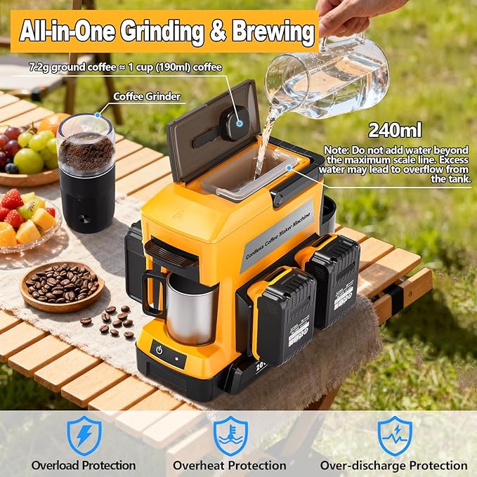 Taingwei Cordless Coffee Maker for Dewalt 20V Battery Portable Drip Coffee Maker with Electric Coffee Grinder for RV Camping Travel Car Hiking (Battery Not Included)