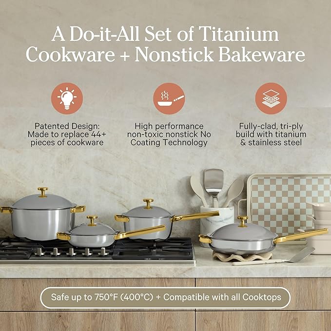 Our Place 15-Piece Titanium Pro Cookware &amp Bakeware Set | Tri-Ply Titanium &amp Stainless Steel Nonstick Fry Pans &amp Pots | Ceramic Nonstick Bakers &amp Griddle Pan | Non-toxic PFAS-Free | C