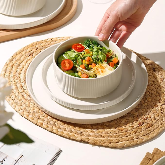 MONITO Ceramic Plates and Bowls Sets for 4 12PCS Stoneware Dinnerware Sets Reactive Glaze Dish Set Chip and Scratch Resistant Double Microwave and Dishwasher SafeWhite