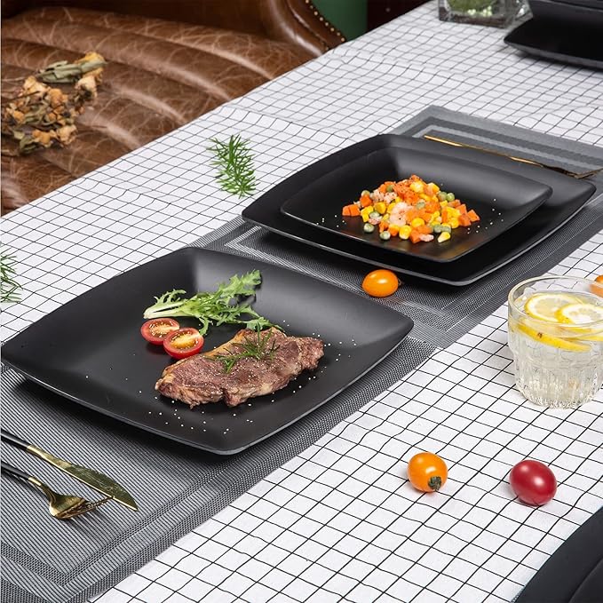 Melamine 12pcs Classic Square Dinnerware Set Concise Plates and Bowls Set Service for 4 Dishwasher Safe Black