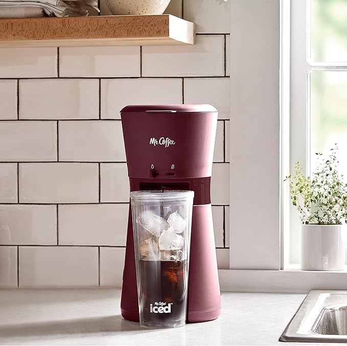 Mr. Coffee Iced Coffee Maker Single Serve Machine with 22-Ounce Tumbler and Reusable Coffee Filter Burgundy