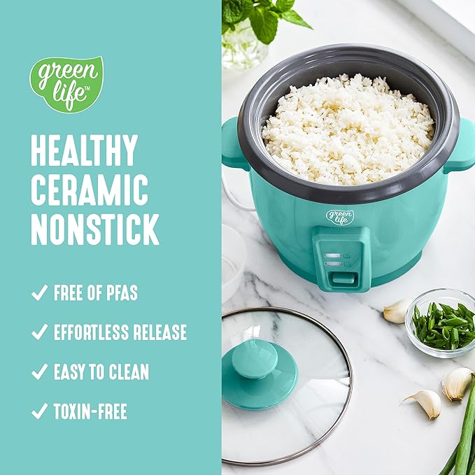 GreenLife Rice Cooker with Removable PFAS-Free Ceramic Nonstick Pot 3-Cups Uncooked/6-Cups Cooked Grains &amp Oatmeal Multicooker Compact One-Switch Design Auto Keep Warm Easy Clean Turquoise