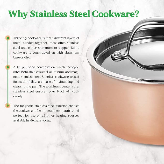 NutriChef 8 Pcs. Stainless Steel Cookware Set - Kitchenware Pots &amp Pans Set Stylish Kitchen Cookware w/Cast SS Handle Tri-Ply Authentic Copper for Saucepan Casserole Frying Pan Lids - NCCW8SS