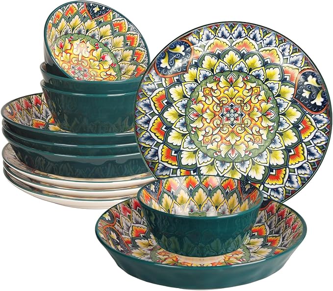 YA JU Mandala Dinnerware Sets (12 Pcs) Serves 4 Buffet Dinnerware Boho Plates and Bowls Dish Set with 8 salad Plate 8 Dessert Plate 4.8 bowl apply Casual dining Indoor Outdoor Dining Party