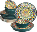 YA JU Mandala Dinnerware Sets (12 Pcs) Serves 4 Buffet Dinnerware Boho Plates and Bowls Dish Set with 8 salad Plate 8 Dessert Plate 4.8 bowl apply Casual dining Indoor Outdoor Dining Party