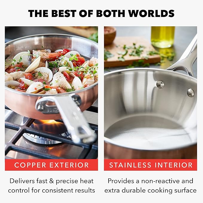 GreenPan x Bobby Flay 2QT Copper Clad Chef’s Pan with Lid Induction Ready Sauce Pot Measurement Markings Stainless Steel Base &amp Interior Oven Safe Saucepan to 500˚F