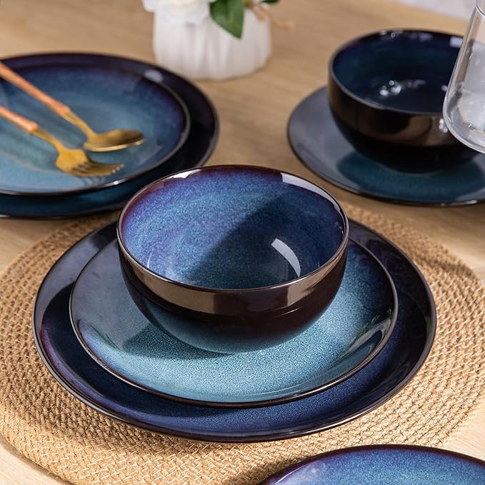 Ceramic Dinnerware Sets of 6Plates and Bowls SetsHandmade Reactive Glaze Dishes SetChip Resistant and Scratch Resistant | Oven&ampDishwasher &amp Microwave Safe-Blue(30PCS)