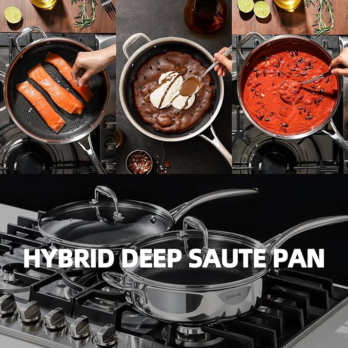 Deluxe 13 Piece Hybrid Ceramic Nonstick Stainless Steel Cookware Set-5 Piece Frying Pan Set 6 PC Pot Set 3.7QT Deep Sauté Pan&ampLid Induction Ready Stay Cool PFOA Free Compatible with All Cookt