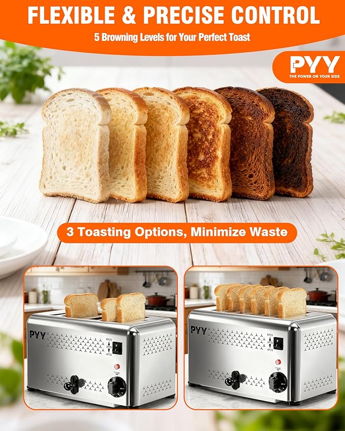 PYY Toaster Pop Up Wide Slots 1.57 inch Stainless Steel 6-Level Setting with Removable Crumb Tray 225 Slices/Hour 1800W - Bread Bagels Breakfast Texas Toast Restaurant Commercial