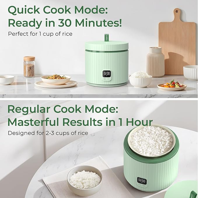 TOKIT Rice Cooker Small 3 Cup Uncooked /6 Cup Cooked Modern Multifunctional Mini Rice Cooker with 24-H Timer &amp Warmer for 1-3 People Ceramic Coated Non-Stick Pot 8 Cook Functions Avocado Green