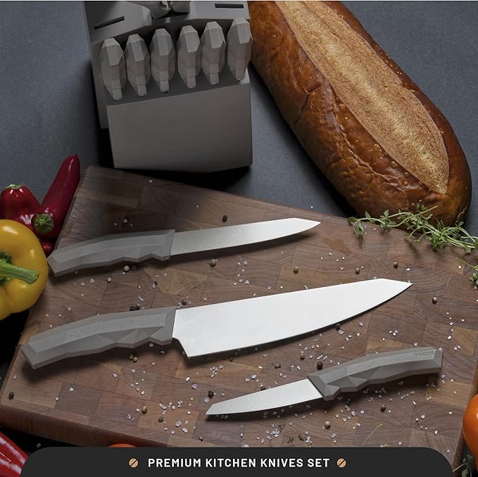 DFACKTO 15 Piece Desert Gold Knife Set with Block Sharpener and Kitchen Shears Sharp Full-Tang High-Carbon Stainless Steel Blades Non-Slip Composite Handle Kitchen Essentials Chef Knives