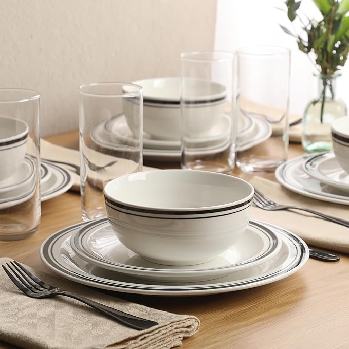 Gibson Home Hometown Diner 12-Piece Porcelain Dinnerware Set Round Plates and Bowls Set for 4 White with Black Rim Dishwasher Safe – Dinner Plate Salad Plate &amp Cereal Bowl